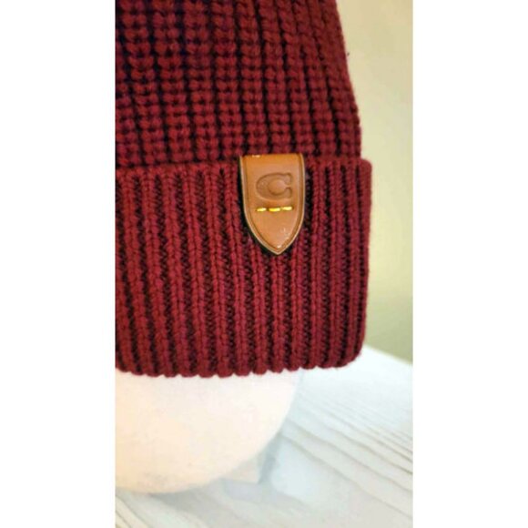 Coach Cherry Red Merino Wool Beanie NWT • Holiday Winter Knit Hat •Leather C Tag - Picture 6 of 7